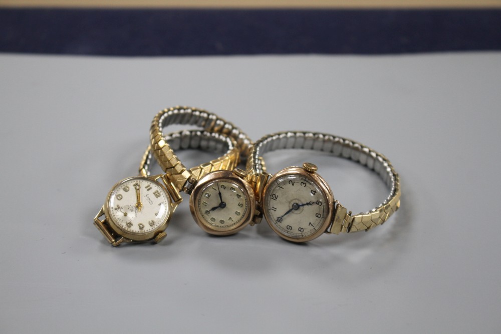 A ladys 9ct gold Rolex manual wind wrist watch and two other ladys 9ct gold manual wind wrist watches including Accurist